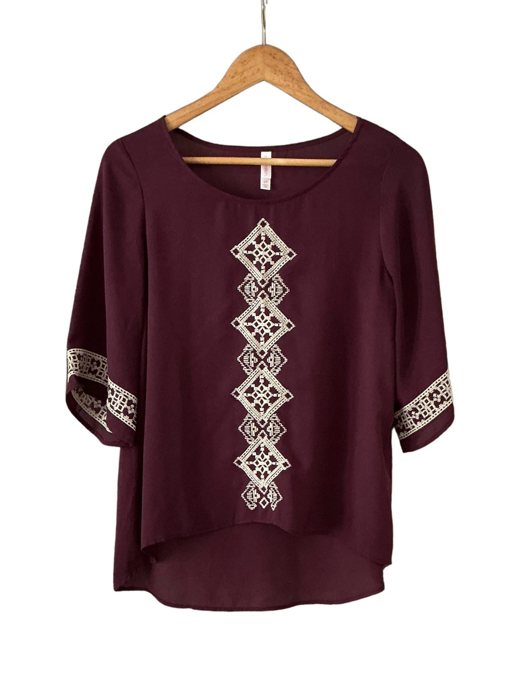Xhilaration Burgundy Embroidered Scoop Neck Tunic